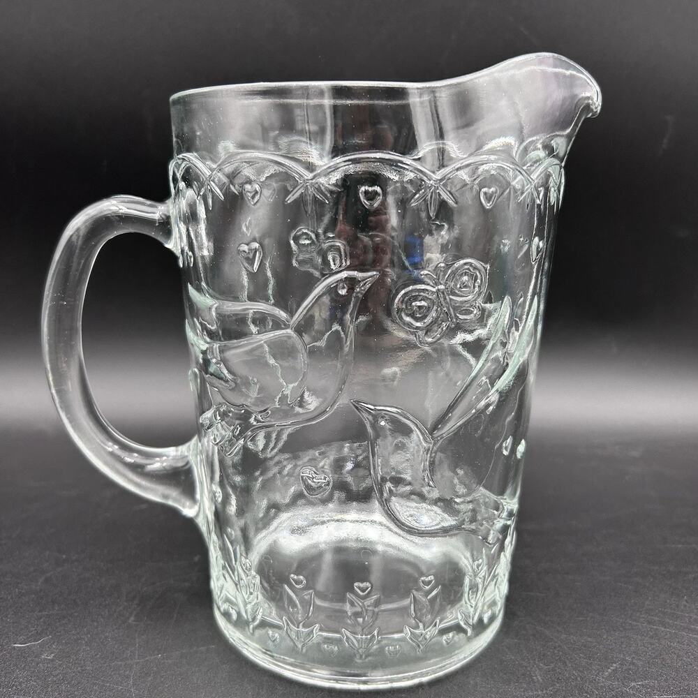 Vintage Pressed Glass Pitcher Birds Hearts Butterflies 8” Country Cottage